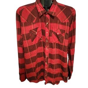 Youngbloods VTG Red Plaid Pearl Snap Long Sleeve Western‎ Shirt Cowboy XL Tall